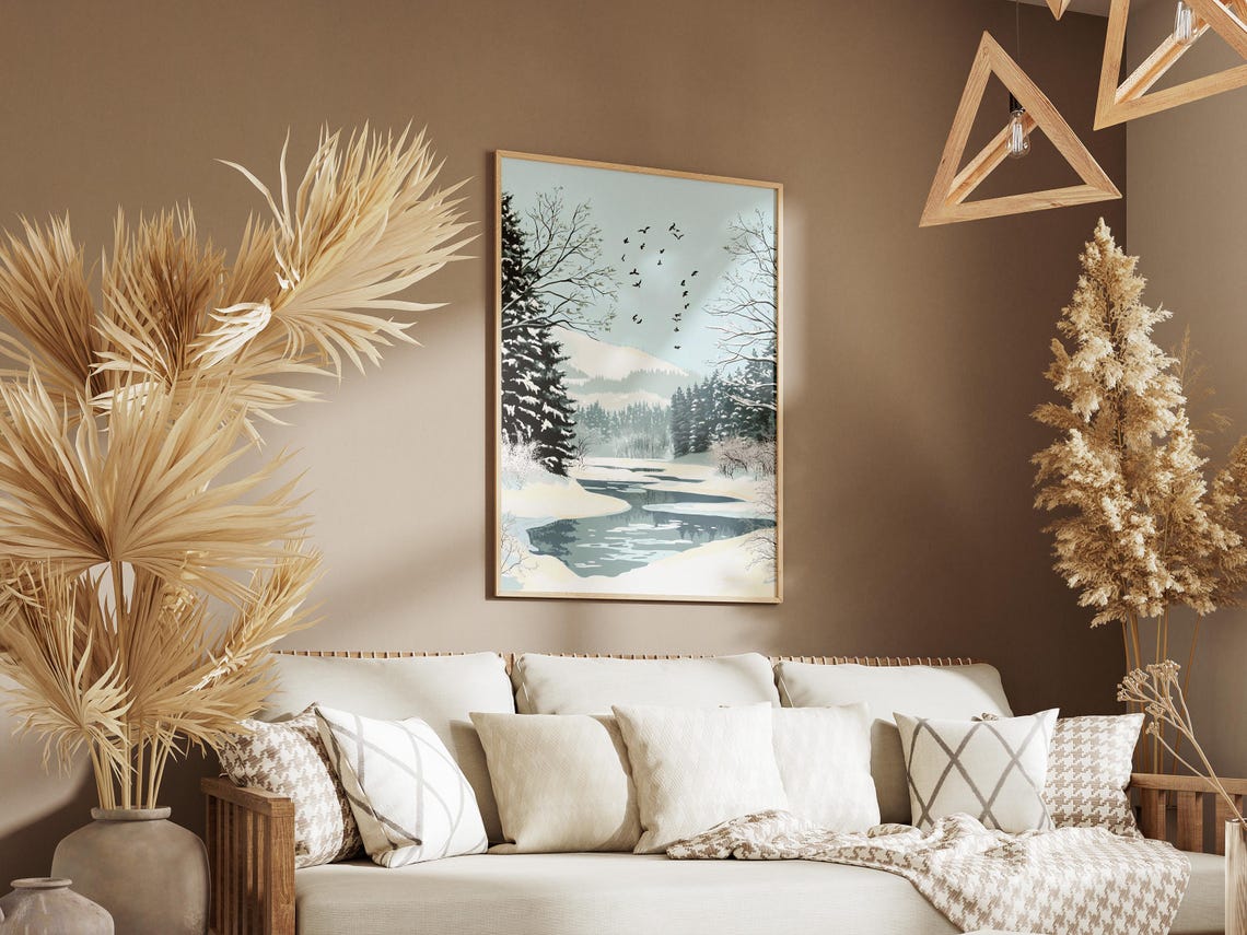 Snowy Forest River With Flying Birds Minimalist Winter Poster - Image 3