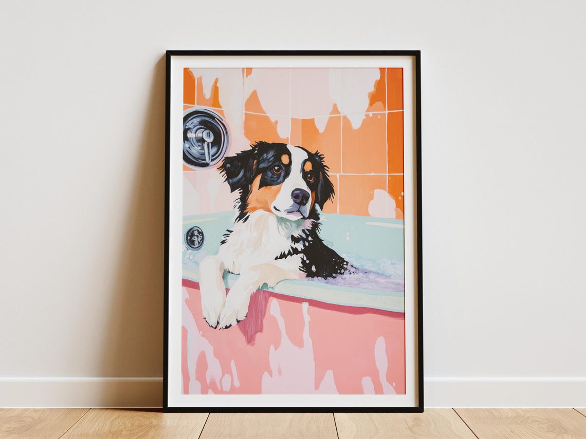 Australian Shepherd in Pink Bathtub Bubble Bath Cute Dog Art Poster
