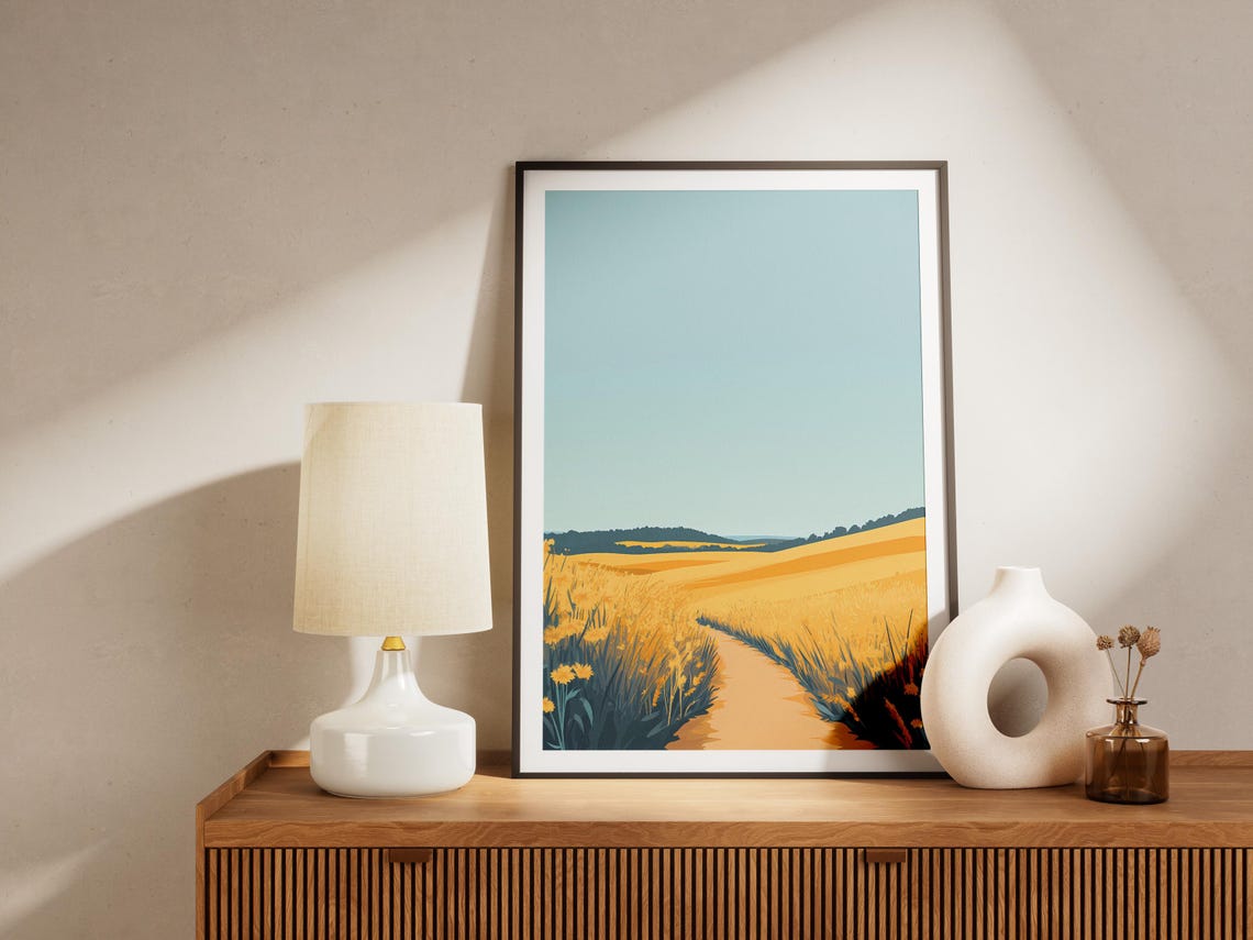 Sunny Yellow Wildflower Field With A Dirt Path Modern Art Poster - Image 4