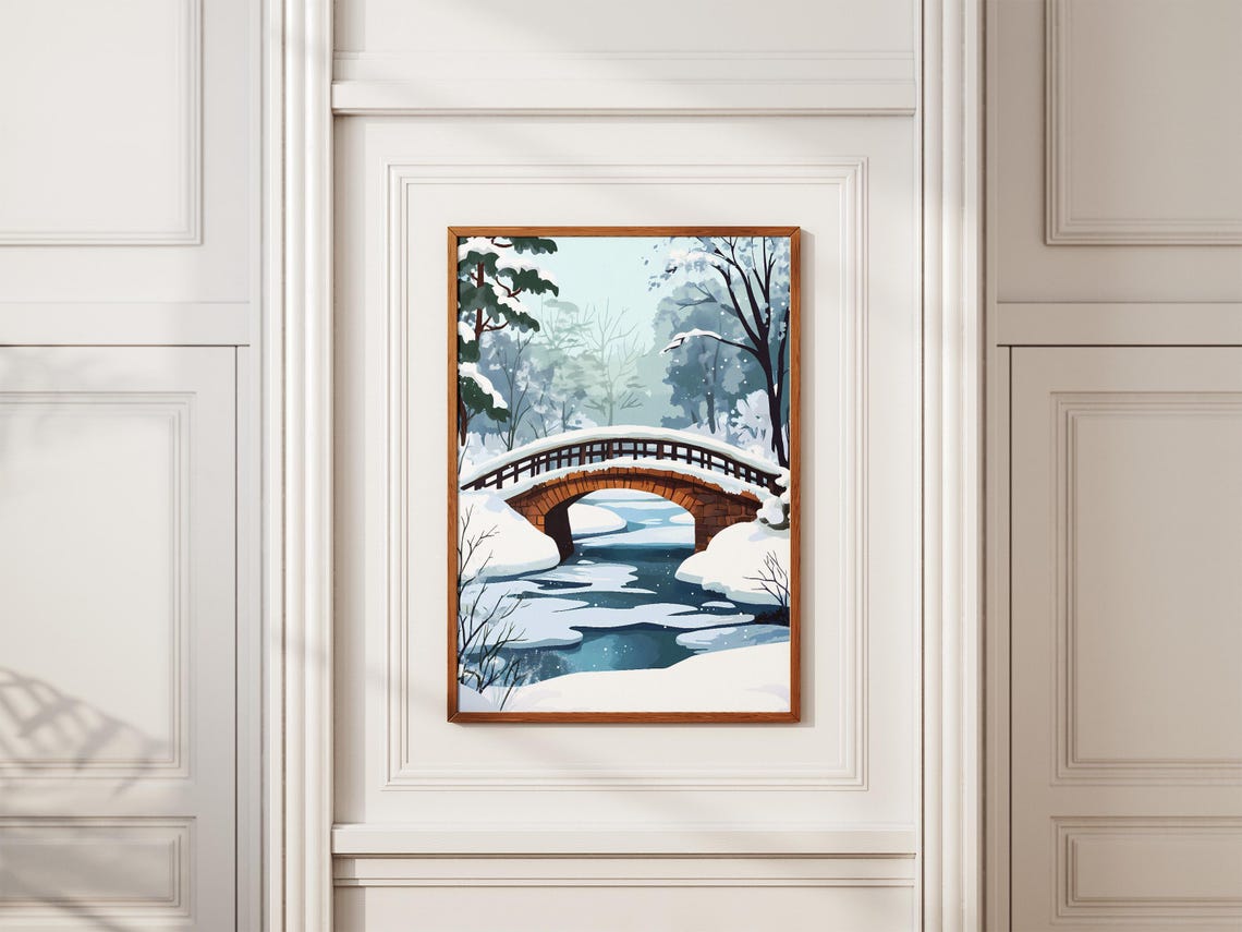 Snowy Arched Stone Bridge Over Frozen Winter River Scene Poster - Image 2