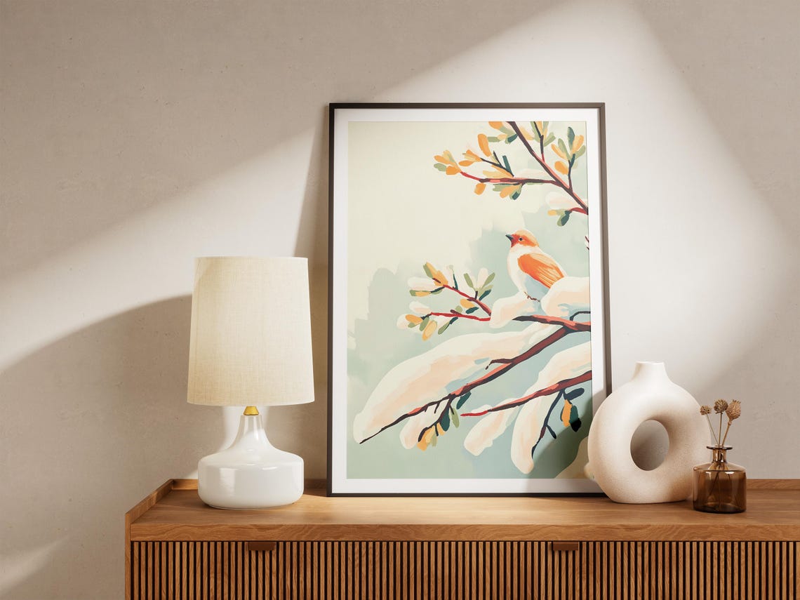 Orange Songbird Resting on a Snow Covered Branch in Winter Poster - Image 5