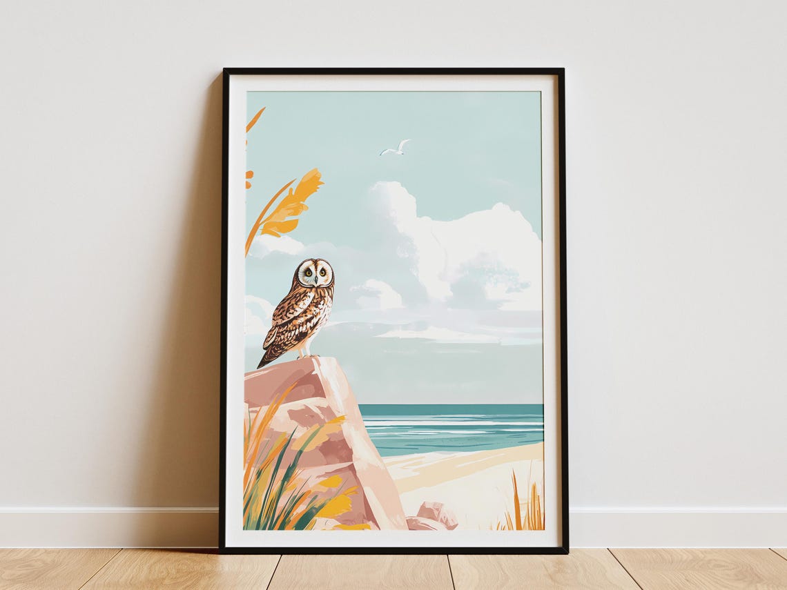 Short-Eared Owl on a Beach Rock with Ocean View Coastal Bird Poster