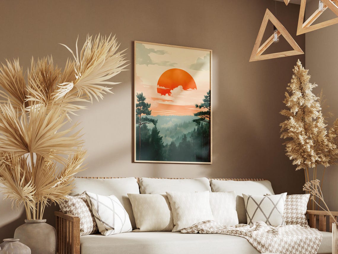 Giant Orange Sun Setting Over Misty Pine Forest Sunset Poster - Image 3