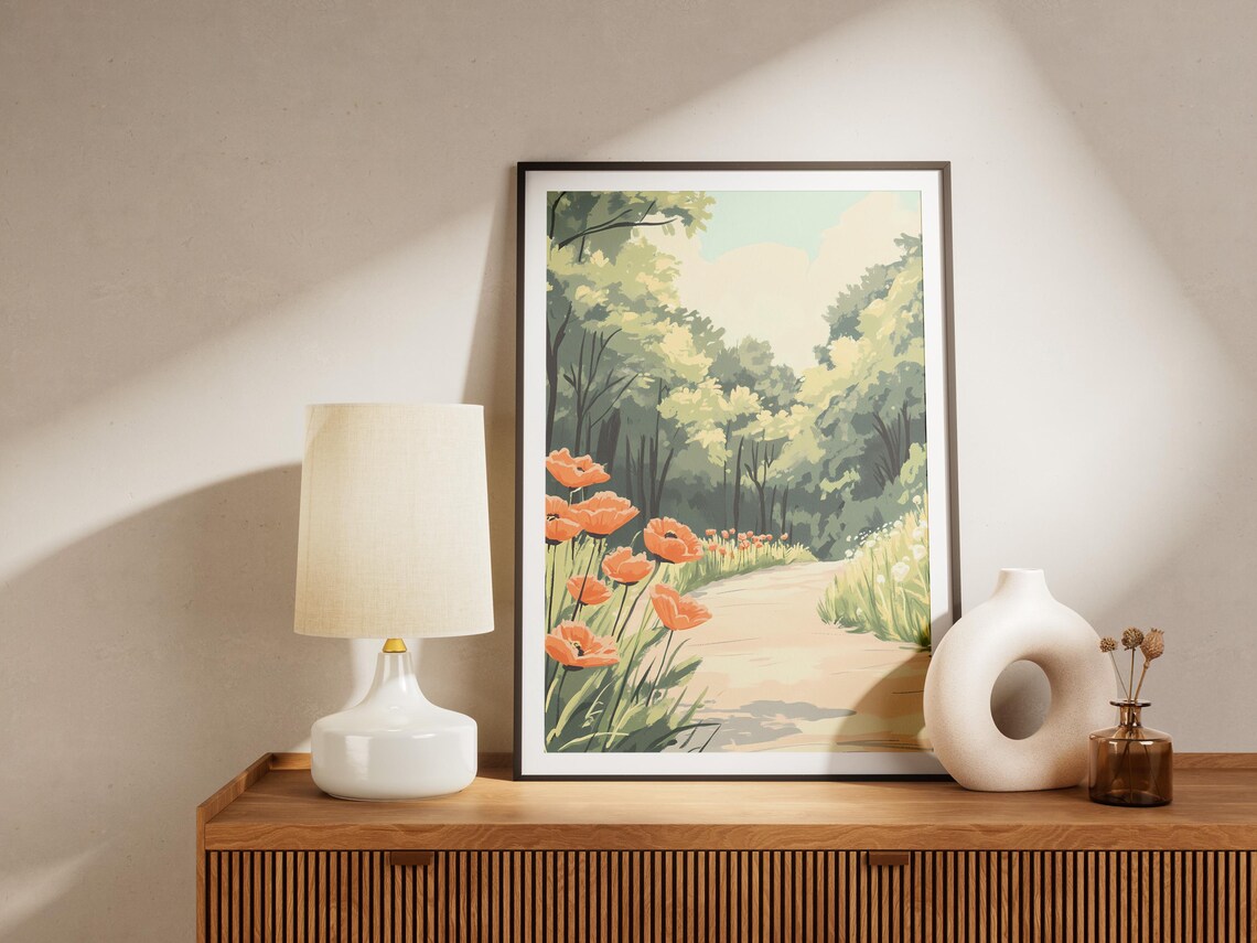 Orange Poppies Along Woodland Path Summer Landscape Flower Art Poster - Image 4