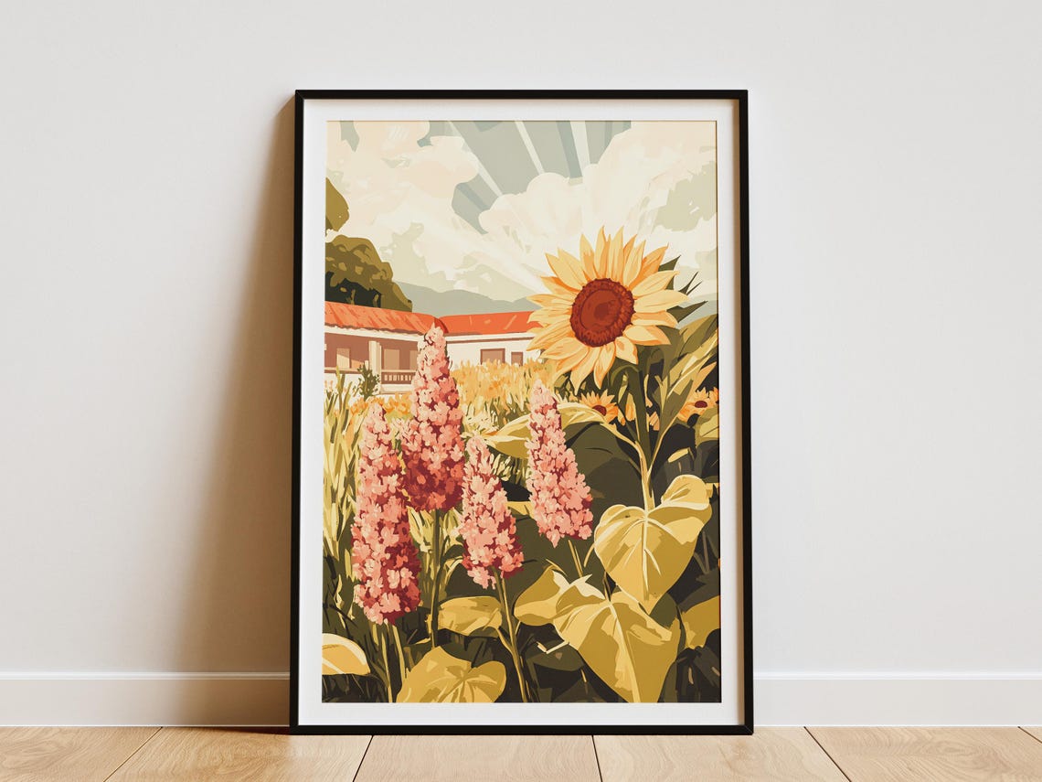 Giant Sunflower and Pink Delphiniums with Farmhouse Garden Poster