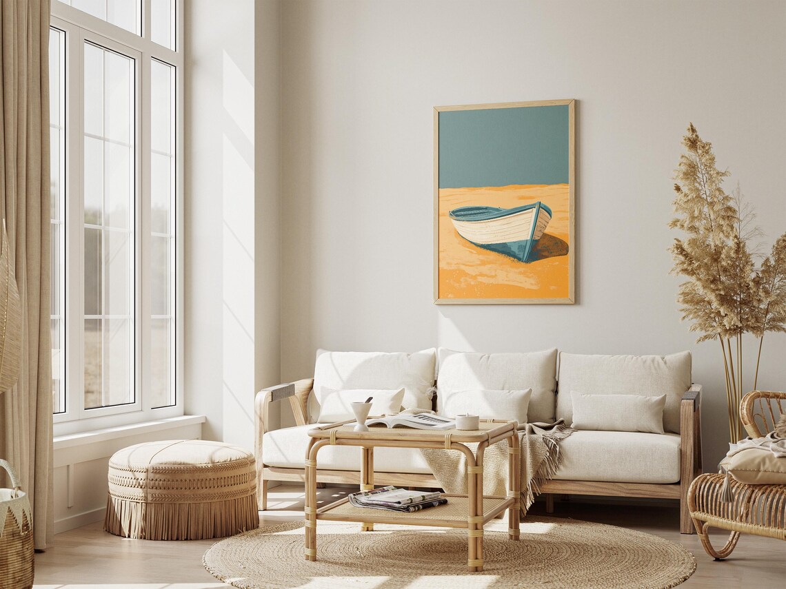 White Rowboat On Golden Sand Beach Minimalist Nautical Poster - Image 4