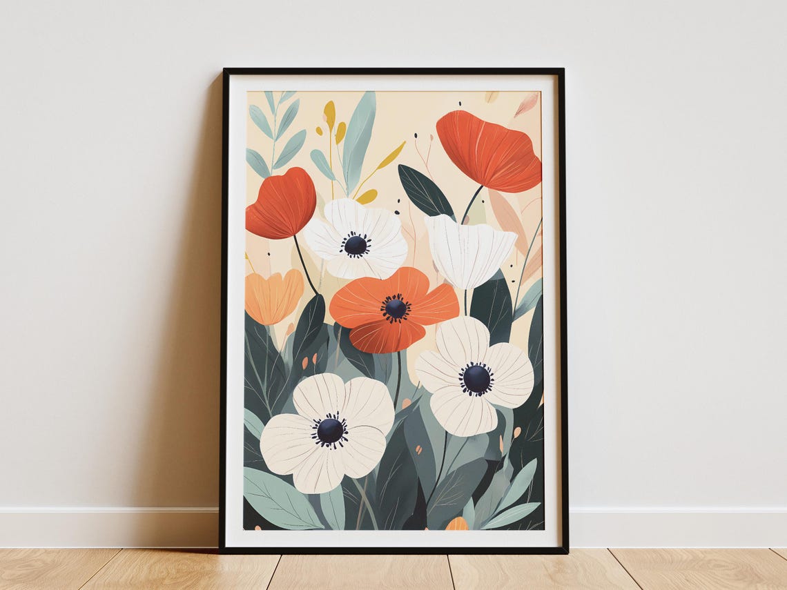 Red And White Anemone Blooms Modern Bohemian Botanical Poster