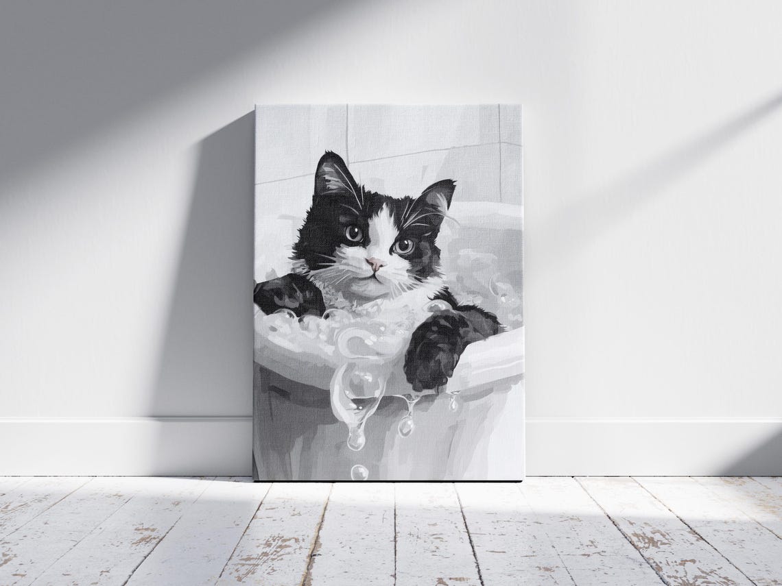 Tuxedo Cat in Bubble Bath Black and White Funny Bathroom Decor Poster - Image 2