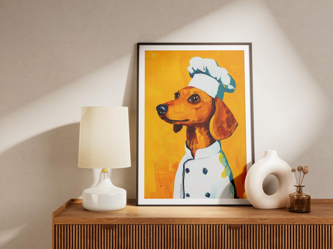 Dachshund Chef Whimsical Sausage Dog Portrait Yellow Art Poster - Image 4