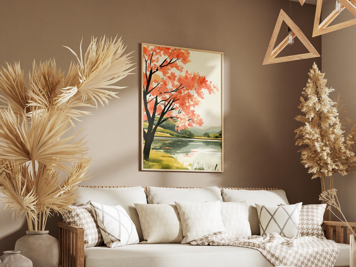 Pink Coral Blossom Tree Beside A Calm Spring Lake Landscape Poster - Image 3