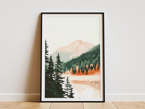 Mountain Lake Poster Calm Lake Landscape Art Print Abstract Nature Wall Decor Peaceful Forest Scene Modern Minimalist Home Decor Serene