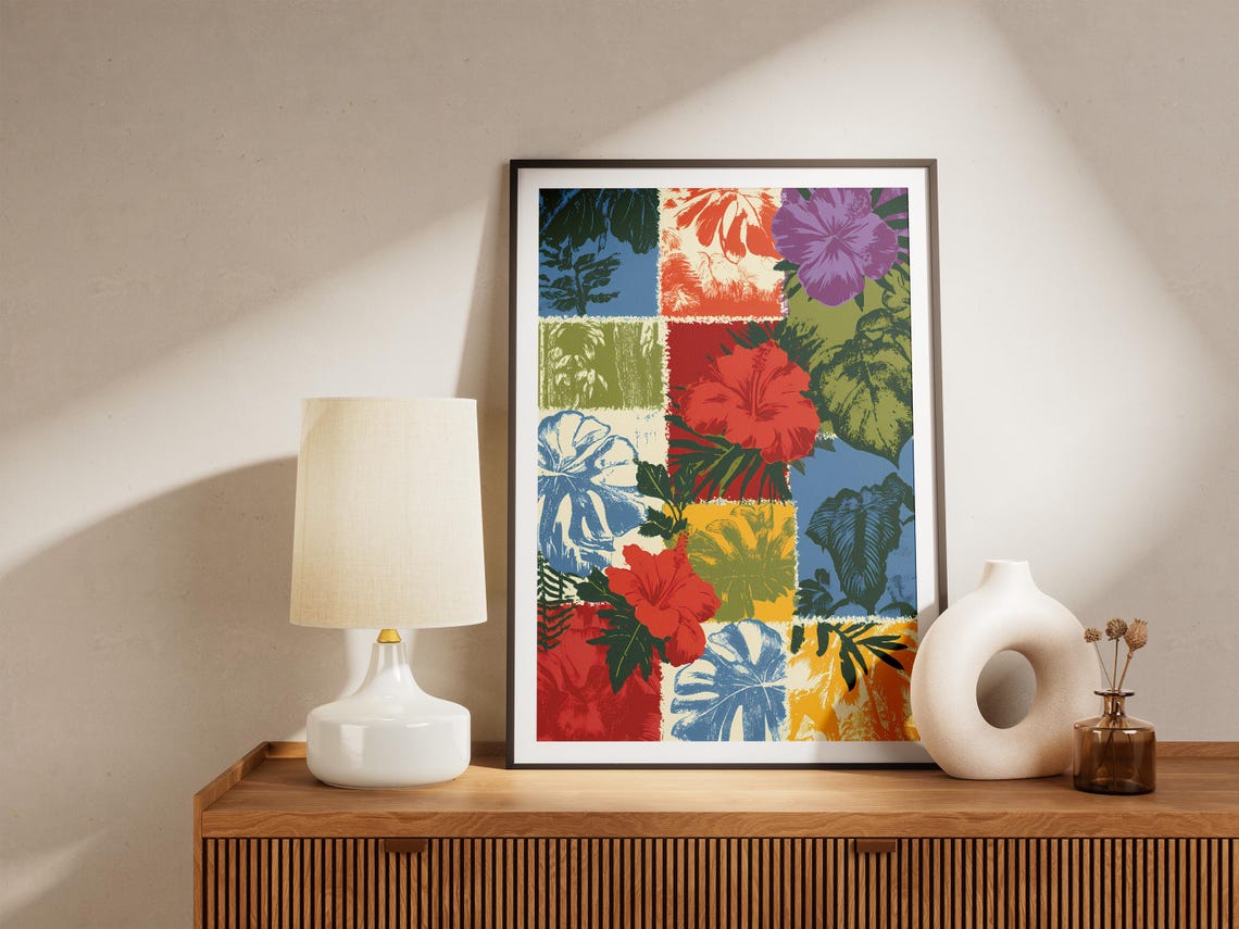 Hibiscus Flower Patchwork Tropical Collage Retro Colorful Art Poster - Image 4