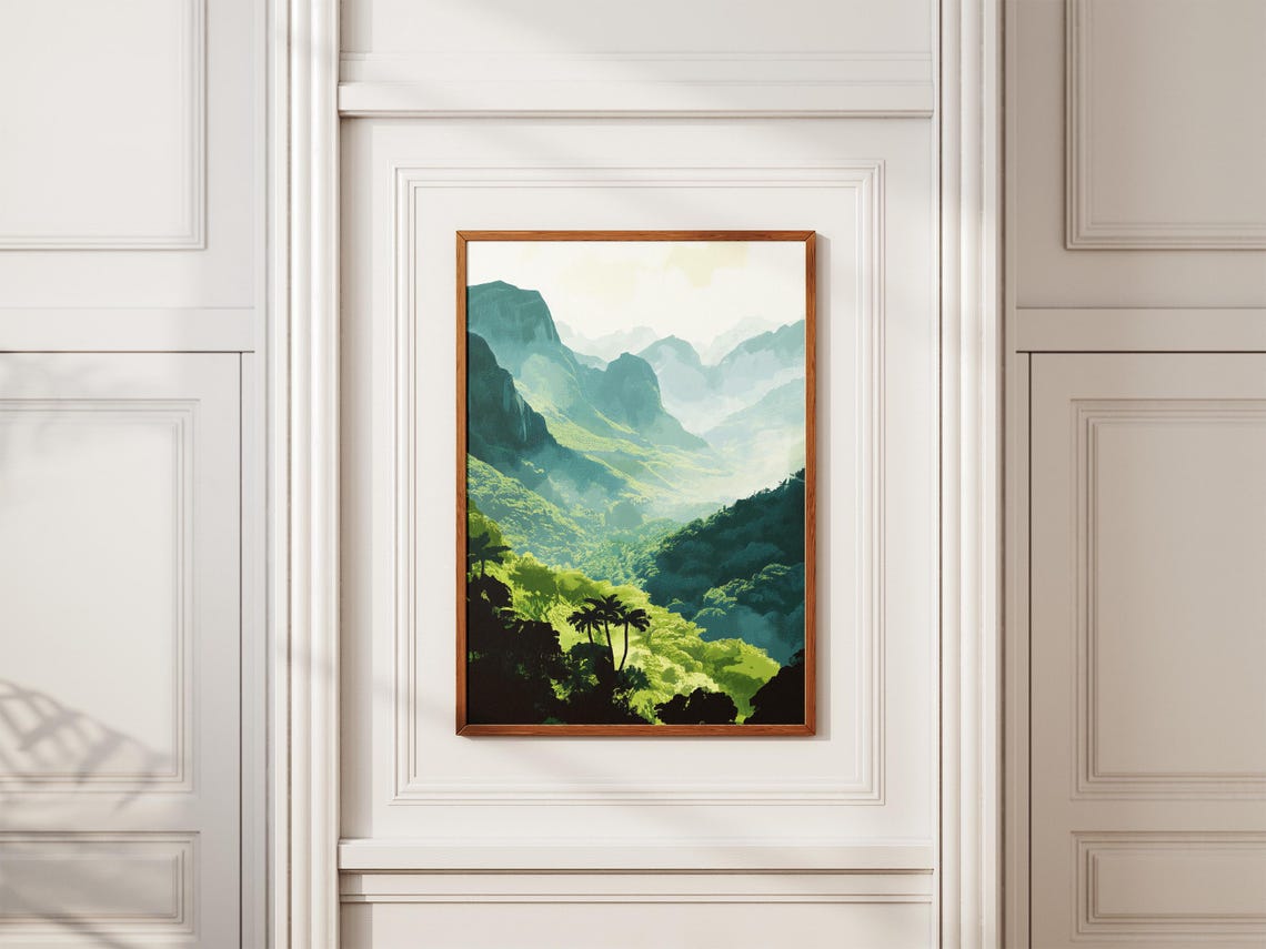 Lush Green Mountain Valley With Mist And Palm Trees Scenic Poster - Image 2