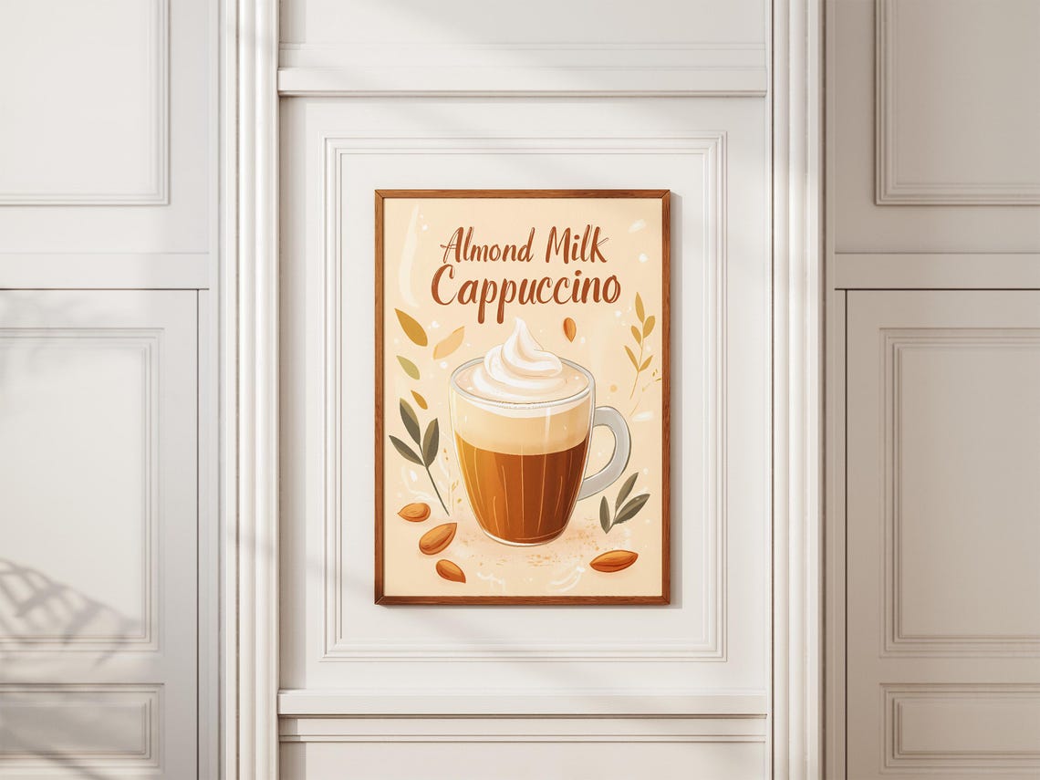 Almond Milk Cappuccino Glass Mug With Almonds Cafe Art Poster - Image 2