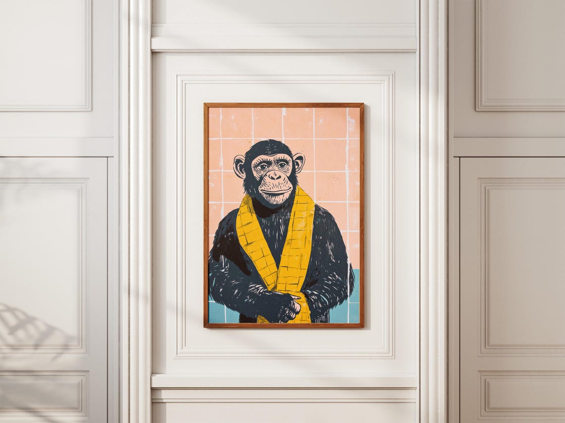 Chimpanzee in Yellow Bathrobe Peach Bathroom Funny Animal Poster - Image 2