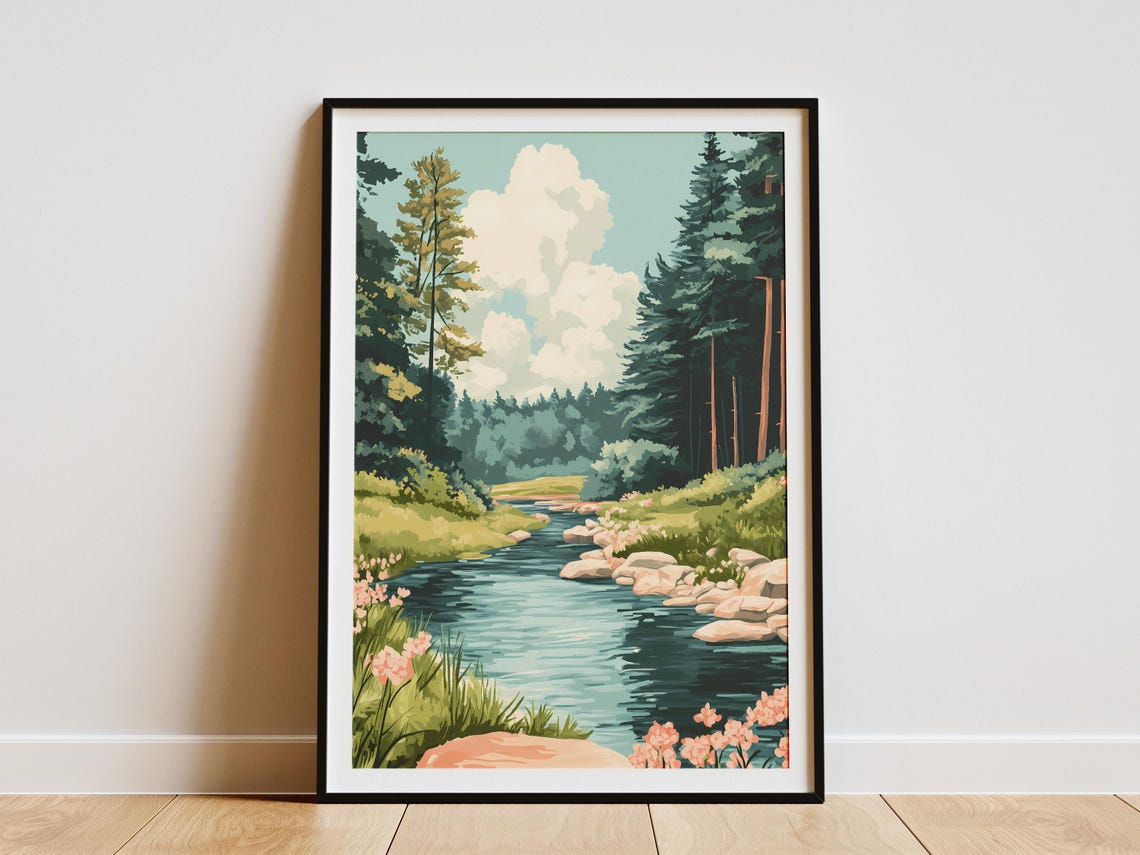 Wildflower-Lined Forest River Flowing Beneath Pine Trees Poster