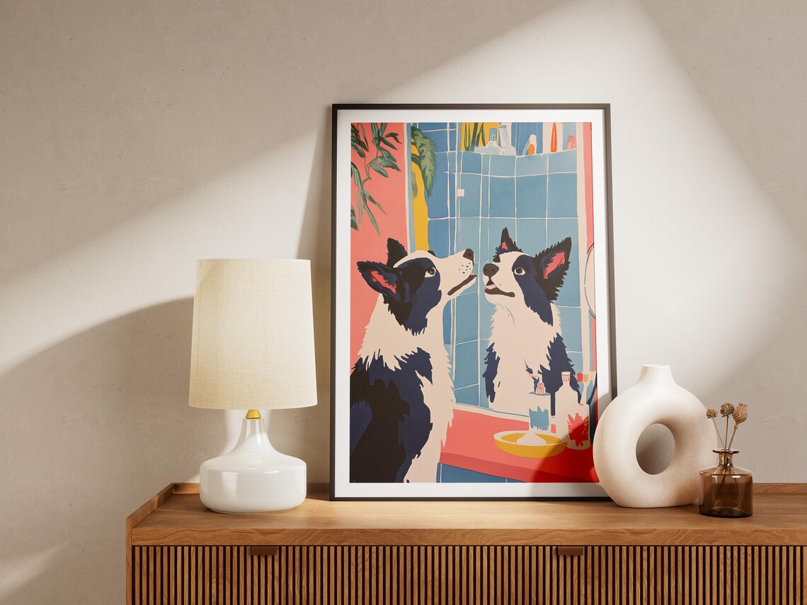 Border Collie Dog Print Cute Dog Art Pet Portrait Bathroom Print Modern Dog Poster Minimalist Pet Decor Funny Dog Poster Blue And Pink Wall - Image 5