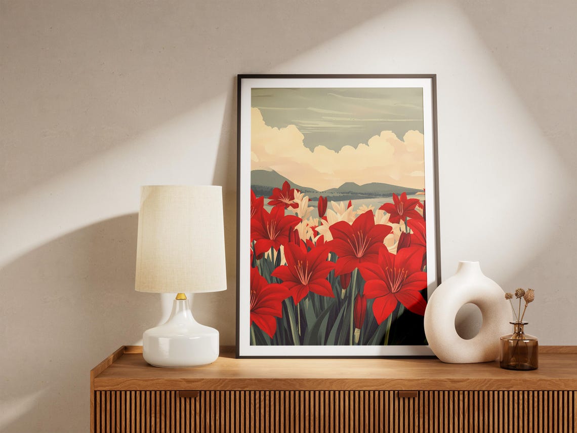 Red Amaryllis Flowers Dramatic Sky Field Illustration Poster - Image 5