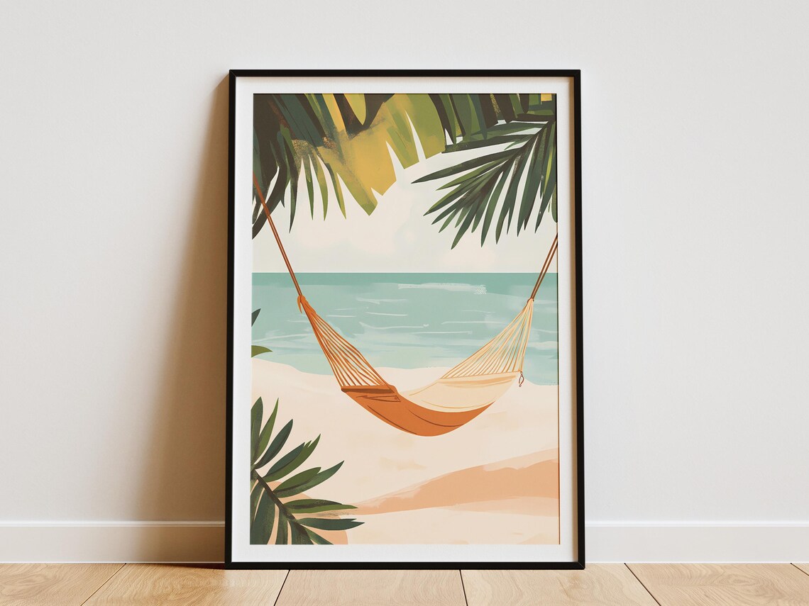Orange Hammock on Tropical Beach Palm Fronds Ocean View Poster
