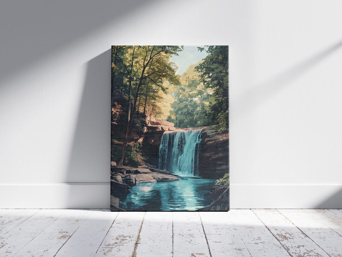 Forest Waterfall Flowing into a Turquoise Pool Nature Poster - Image 2