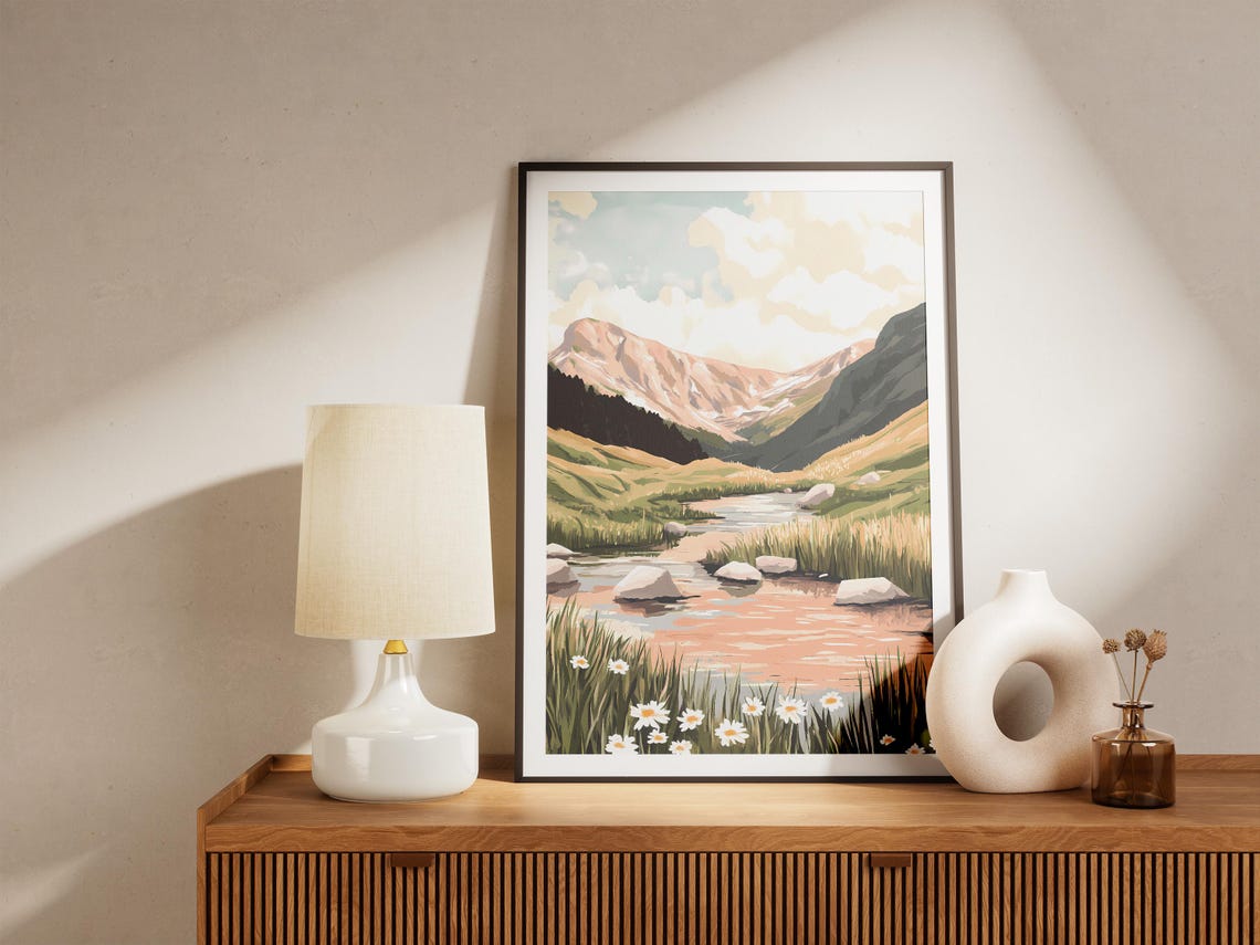 Alpine Mountain Stream with White Daisies and Rocky Peaks Poster - Image 5