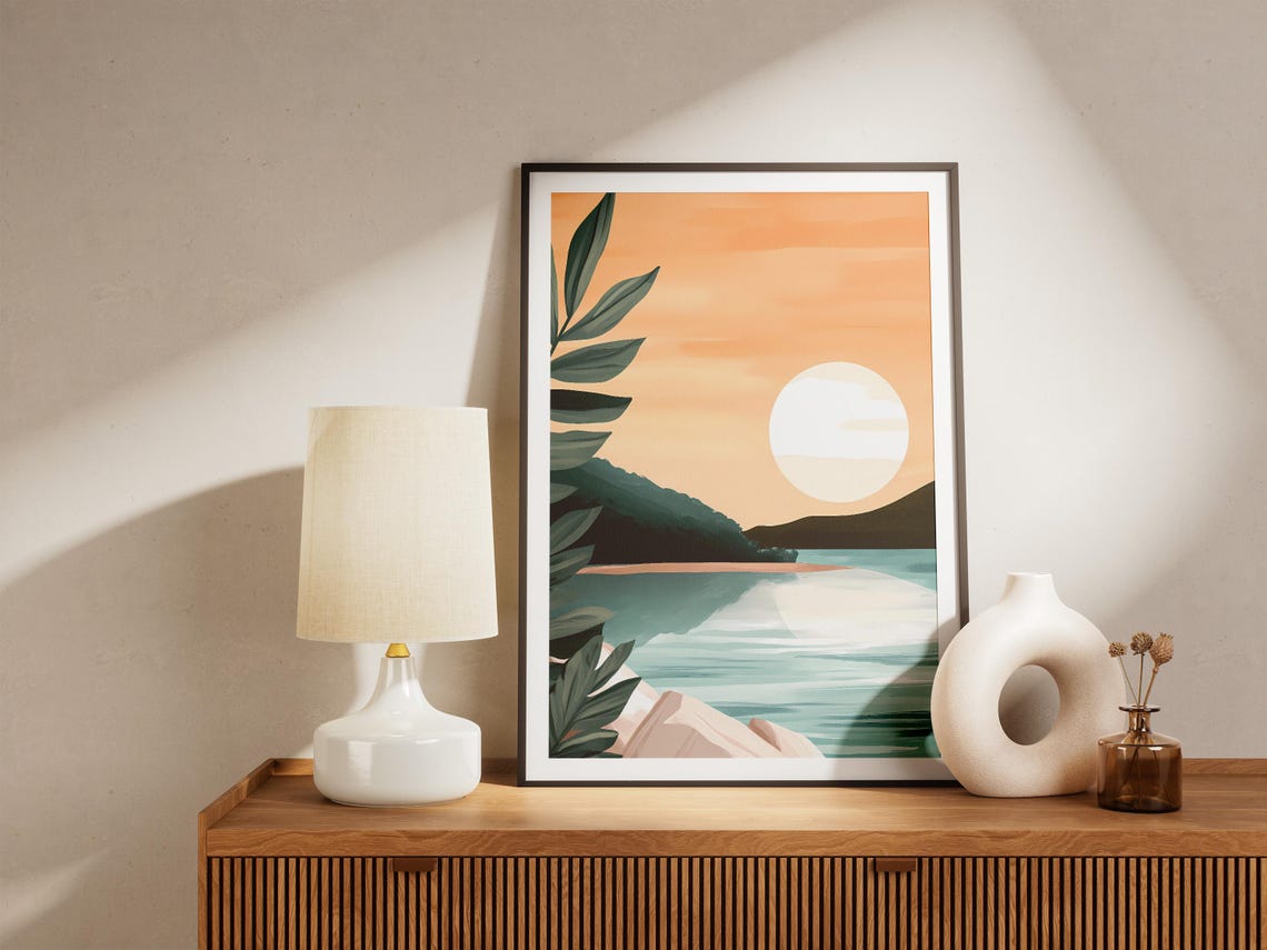 Minimalist Sunset Over A Calm Lake With A Big Glowing Sun Poster - Image 5