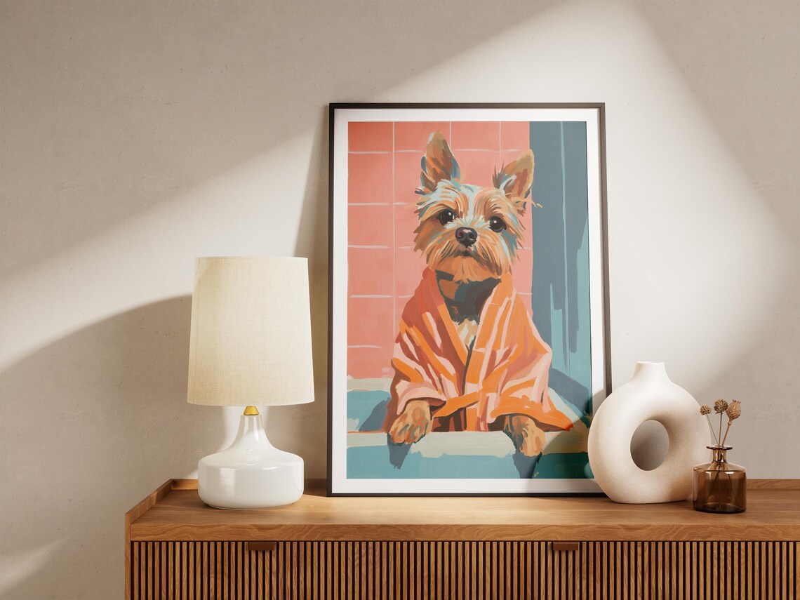 Yorkshire Terrier Bath Time Pink and Teal Tiles Cute Dog Art Poster - Image 4
