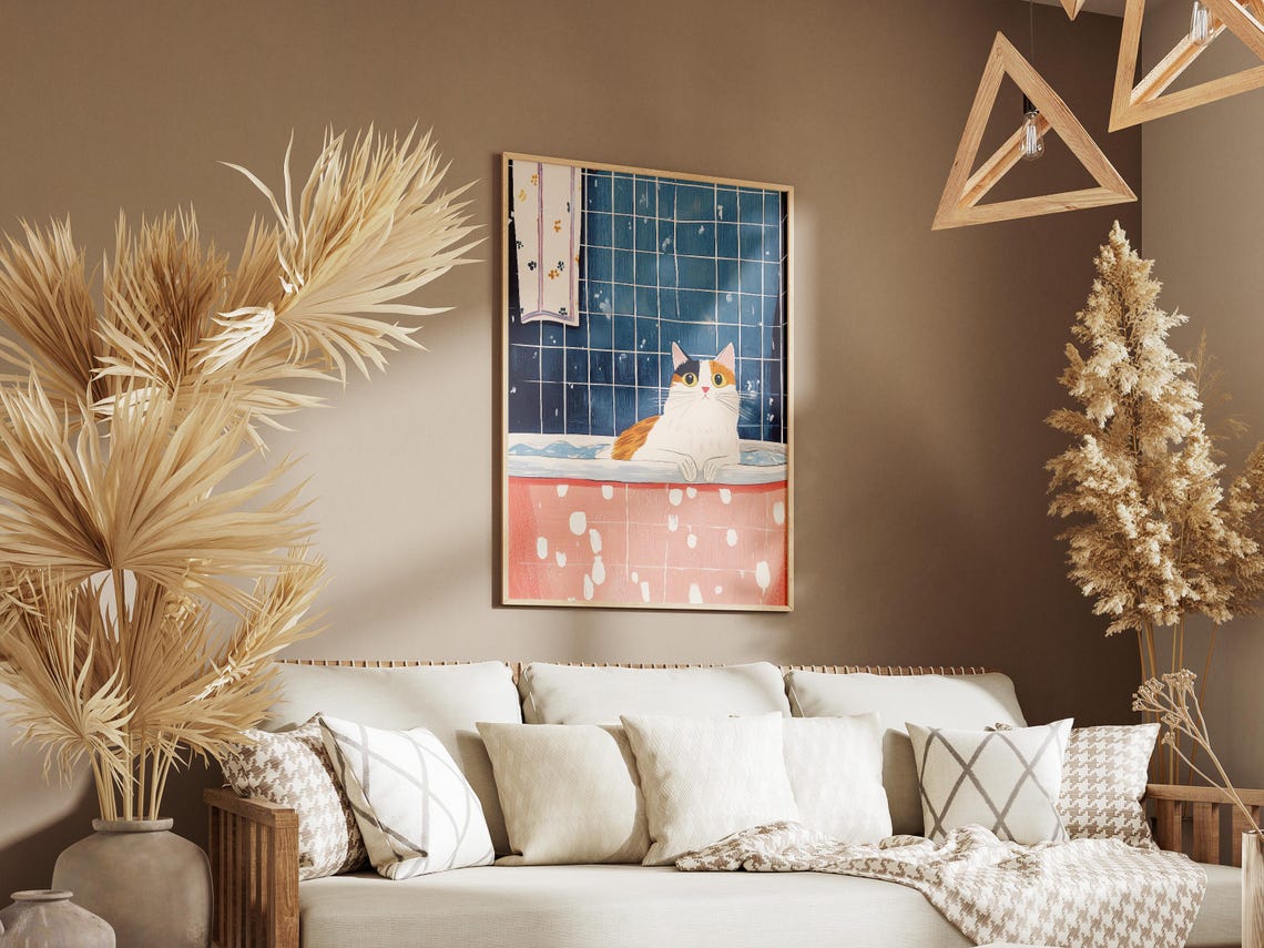 Calico Cat In Bubble Bath Poster Funny Pet Art For Bathroom Home Decor - Image 3