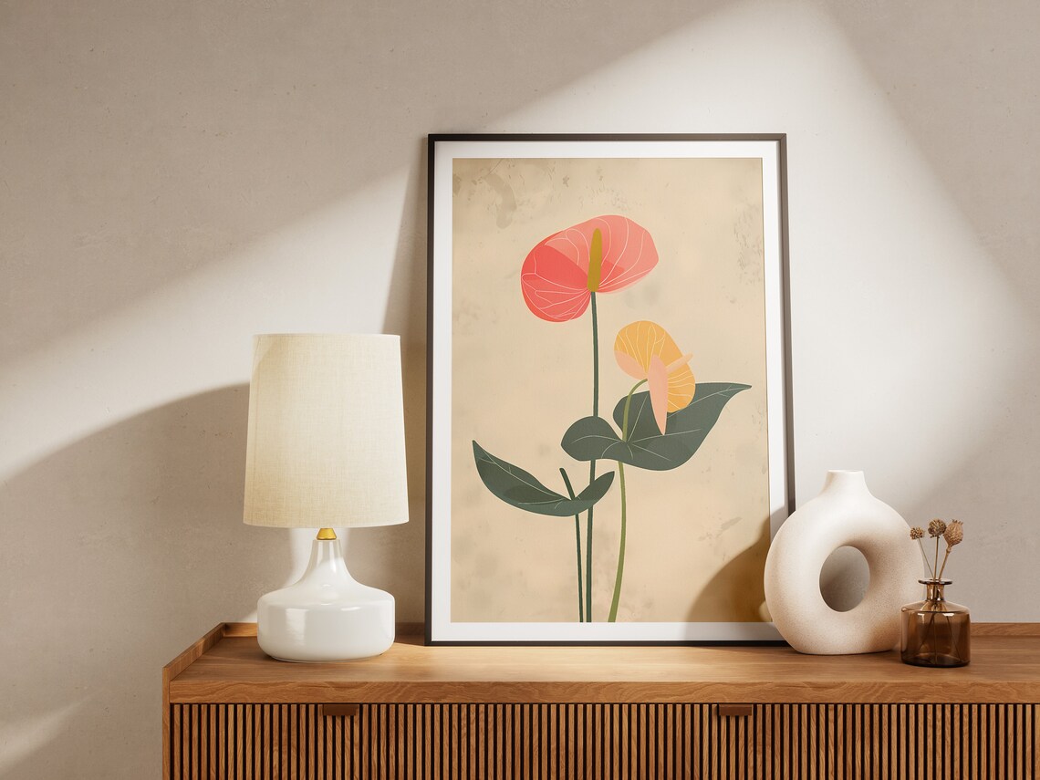 Minimalist Anthurium Coral Yellow Flower Botanical Illustration Print - Image 5