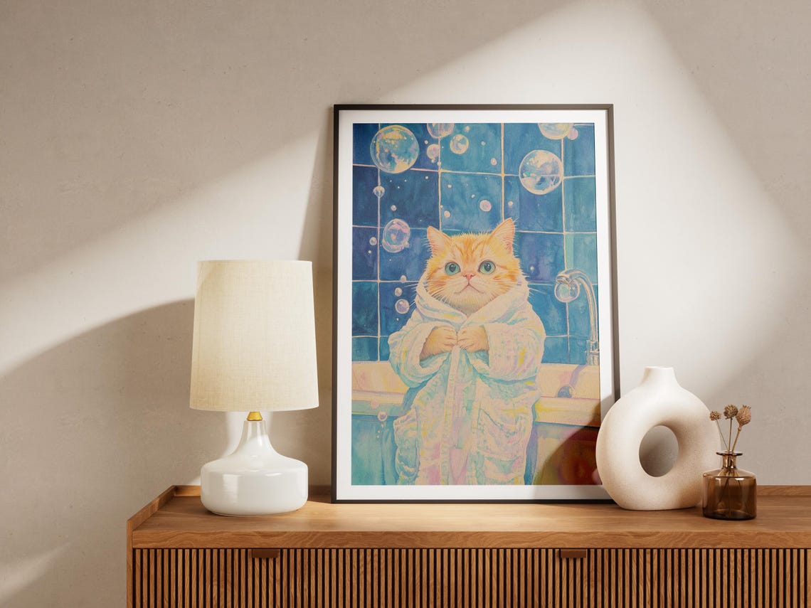 Orange Kitten in White Bathrobe Bubble Bath Cute Cat Wall Poster - Image 4