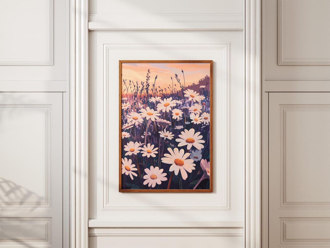 White Daisies at Twilight Beneath a Pink Sunset Sky Art Poster - Image 2