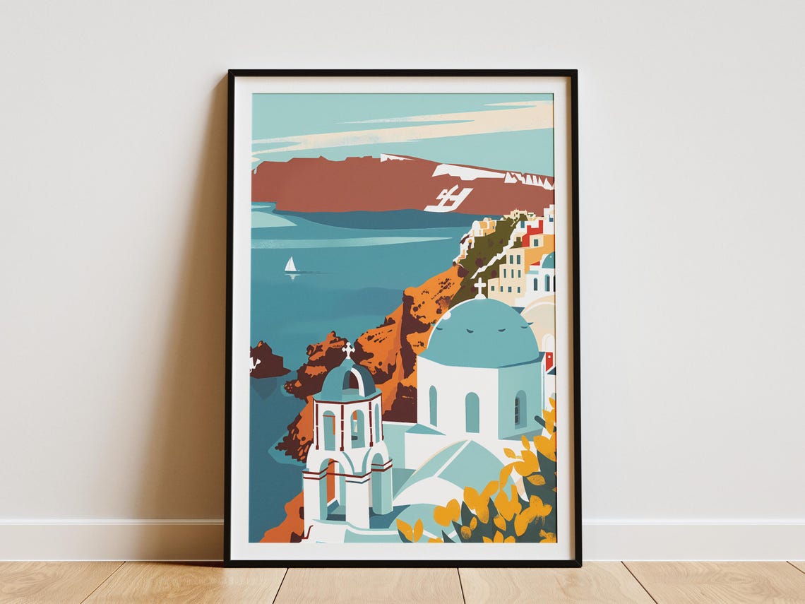 Santorini Greece Blue Domes Caldera Minimalist Travel Art Poster