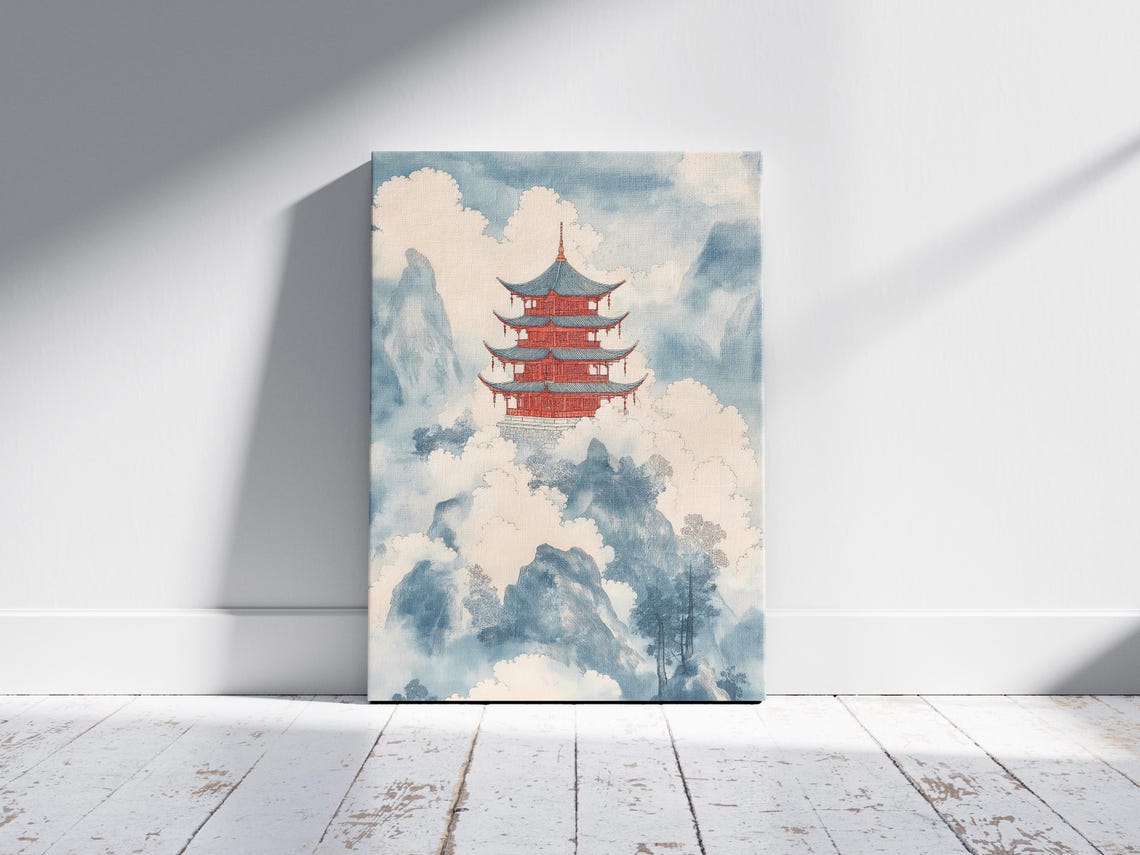 Red Pagoda On Misty Mountaintop Asian Watercolor Landscape Poster - Image 2
