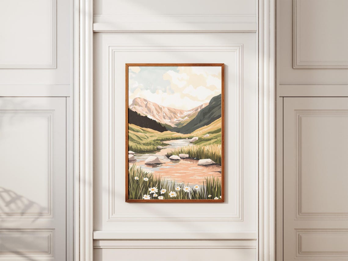 Alpine Mountain Stream with White Daisies and Rocky Peaks Poster - Image 2