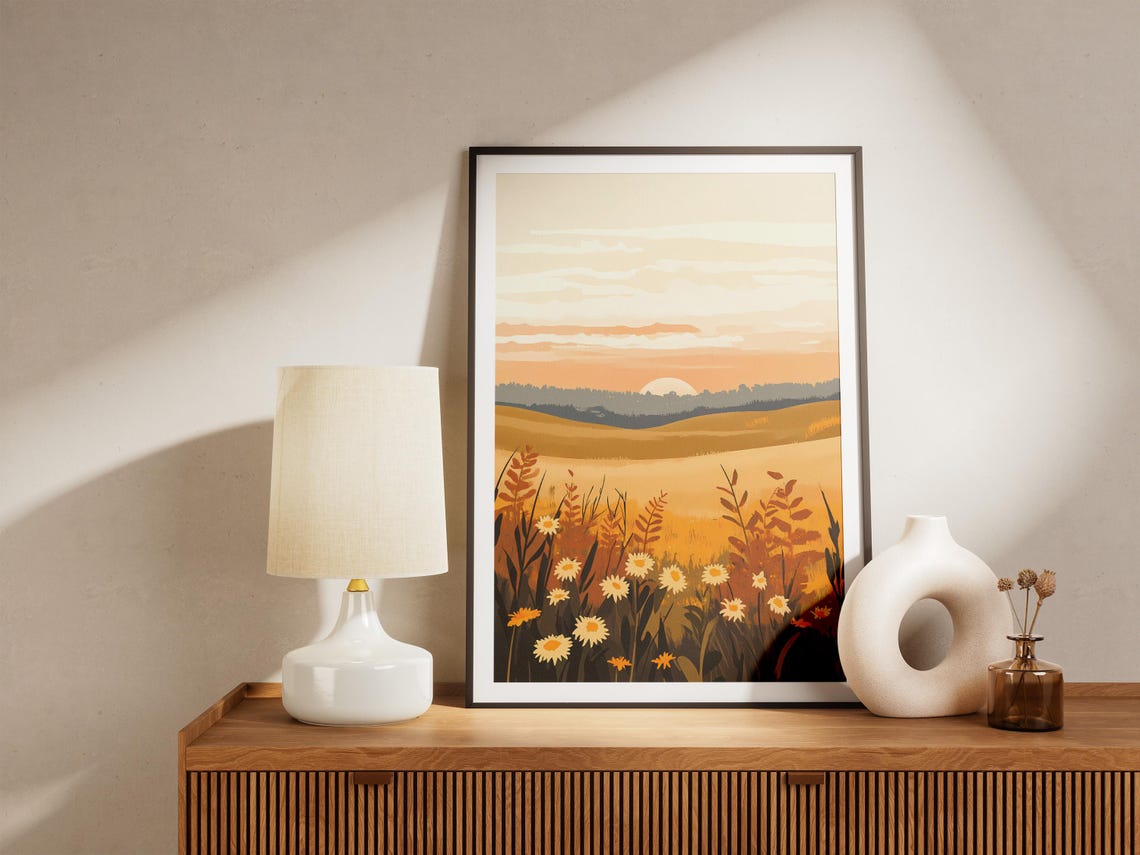 Sunrise Daisy Meadow Rolling Amber Hills Soft Landscape Poster - Image 5