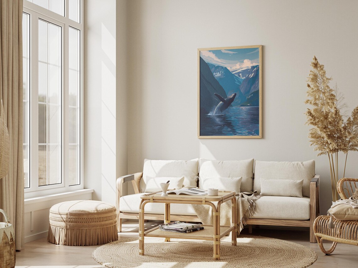 Whale Breaching in Blue Fjord Snowy Mountains Travel Art Poster - Image 3