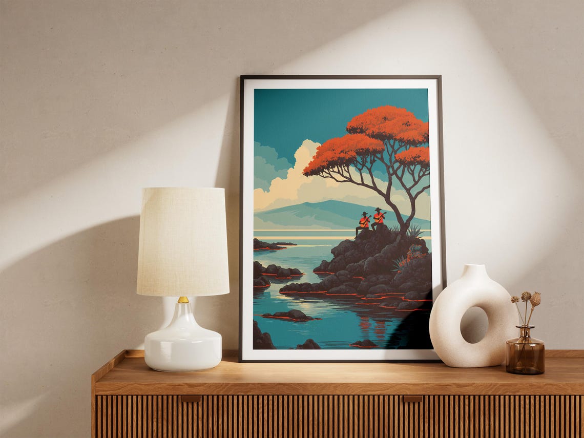 Vintage Guitarists Red Tree Rocky Coast Ocean Travel Sunset Poster - Image 4