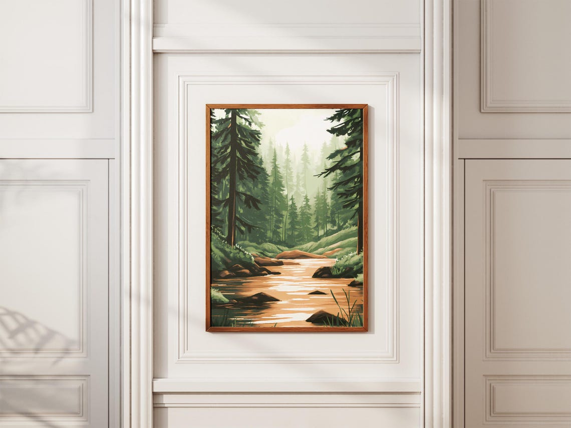 Misty Evergreen Forest Stream Deep Serene Woodland Scene Poster - Image 2