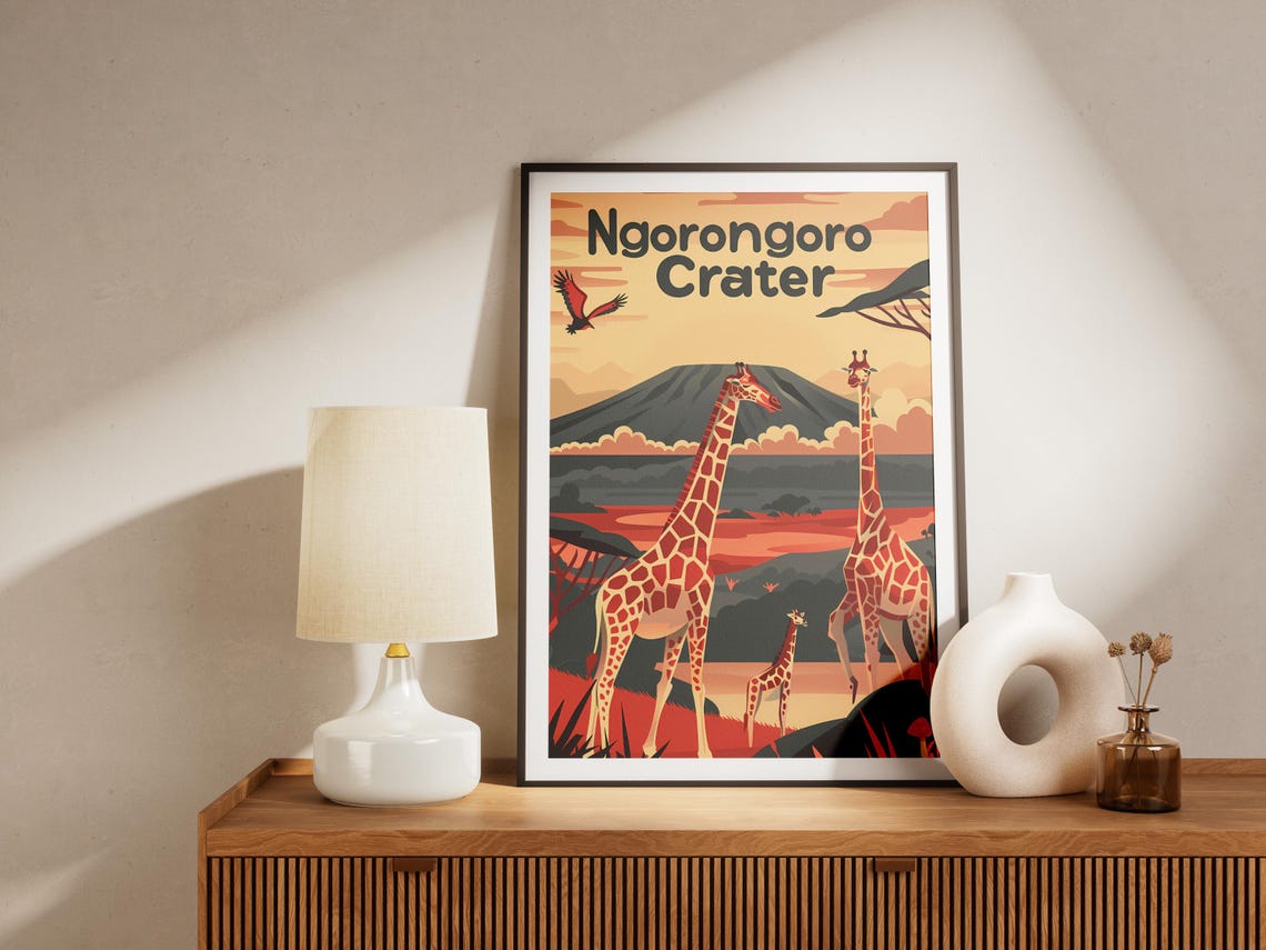 Ngorongoro Crater Tanzania Giraffe Poster Wildlife Animal Print Africa Travel Poster Mid Century Modern Art - Image 2