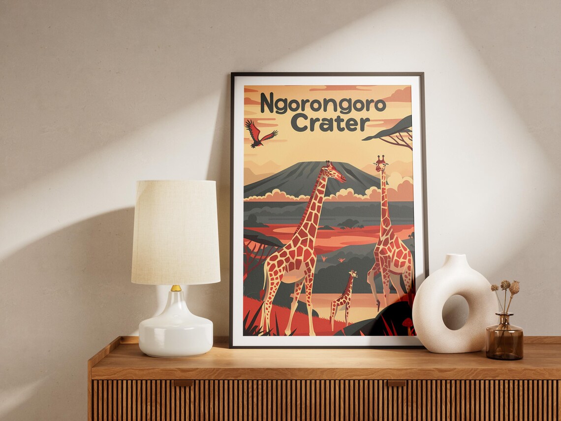 Ngorongoro Crater Tanzania Giraffe Safari Sunset Travel Poster - Image 2