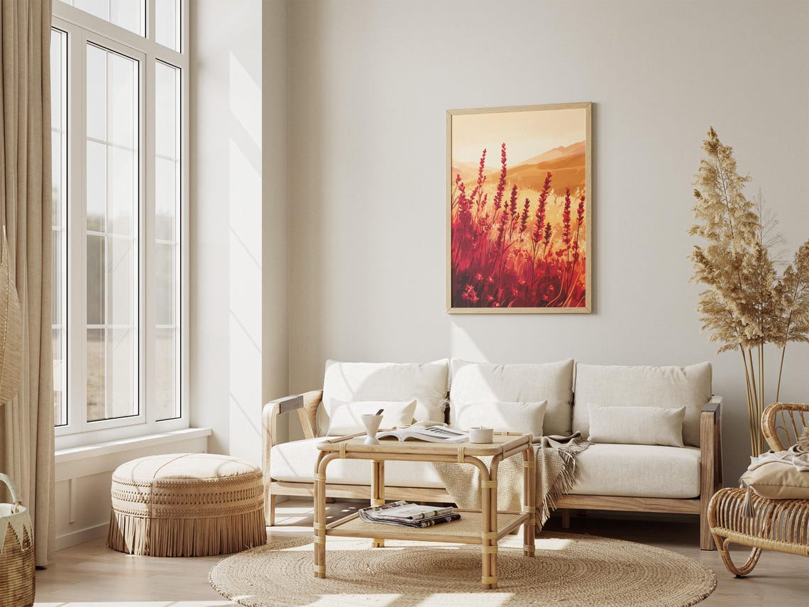 Scarlet Salvia Field Sunrise Red Meadow Golden Light Art Poster - Image 4