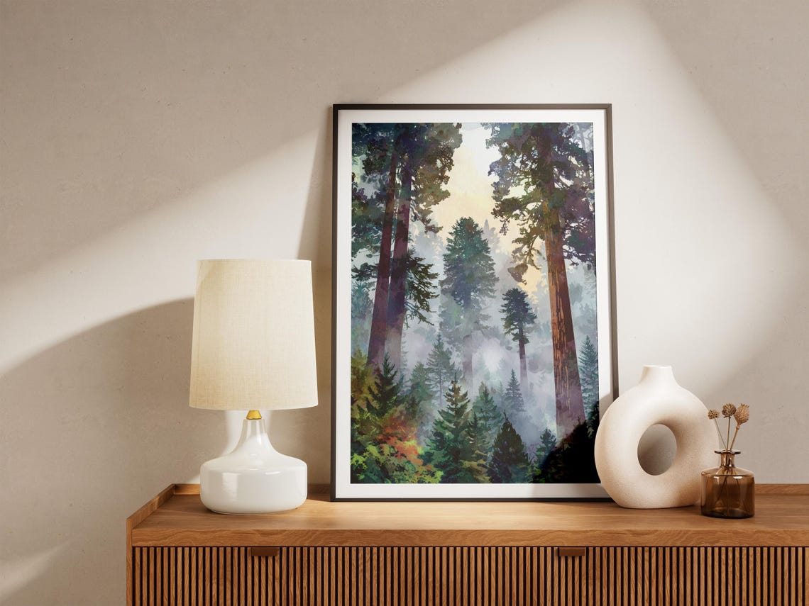 Redwood National Park Misty Forest Tall Trees Sunlight Art Poster - Image 4