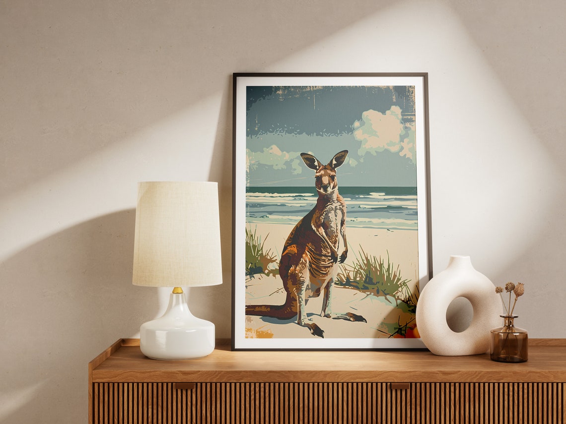 Vintage Kangaroo Beach Travel Poster Australia Wildlife Art Print Animal Wall Decor - Image 2
