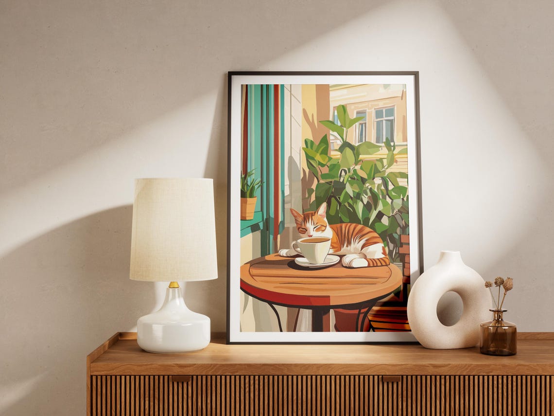 Sleepy Orange Tabby Napping on Cafe Table with Coffee Poster - Image 4