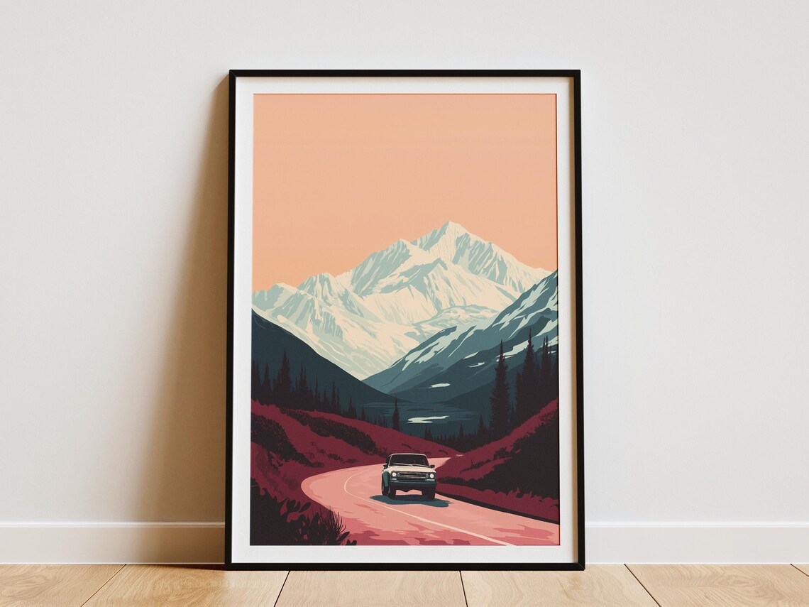 Alaska Mountain Road Trip Vintage Car Pink Sunset Art Poster