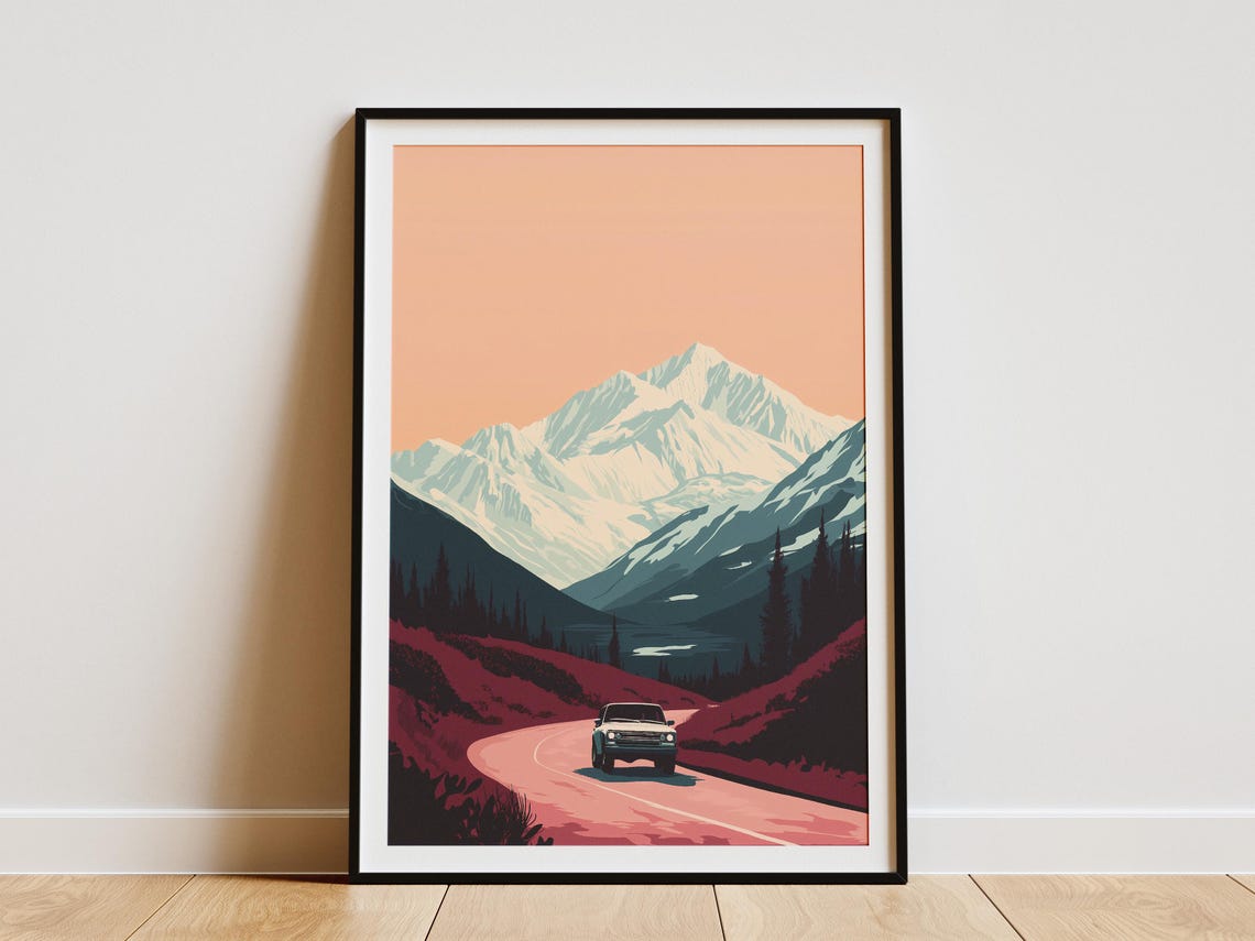 Denali National Park Alaska Poster Vintage Travel Poster Mountain Road Trip Art Print Alaska Landscape Print National Park Poster Retro Car