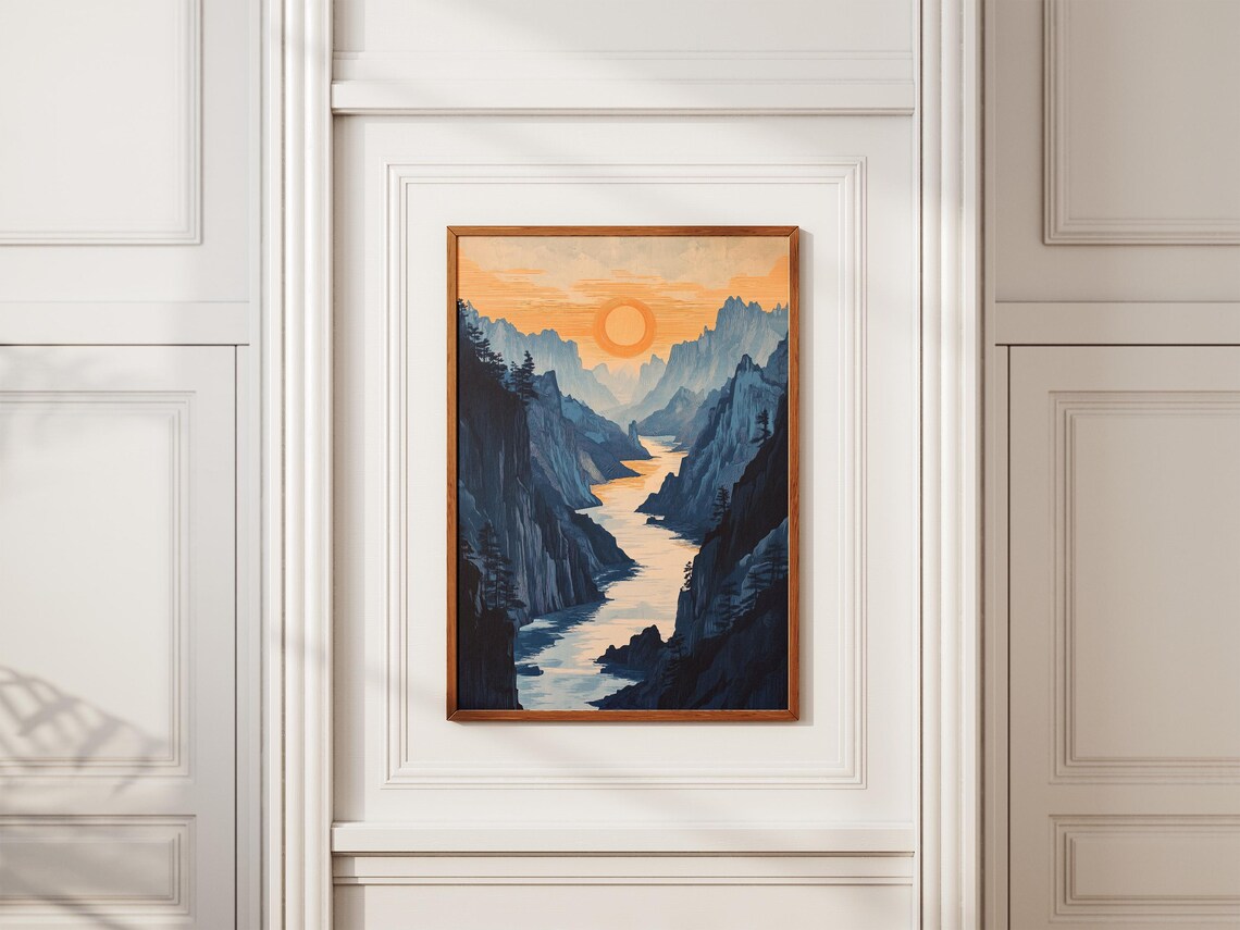 Golden Sunrise Over Misty Mountain River Valley Landscape Art Poster - Image 2