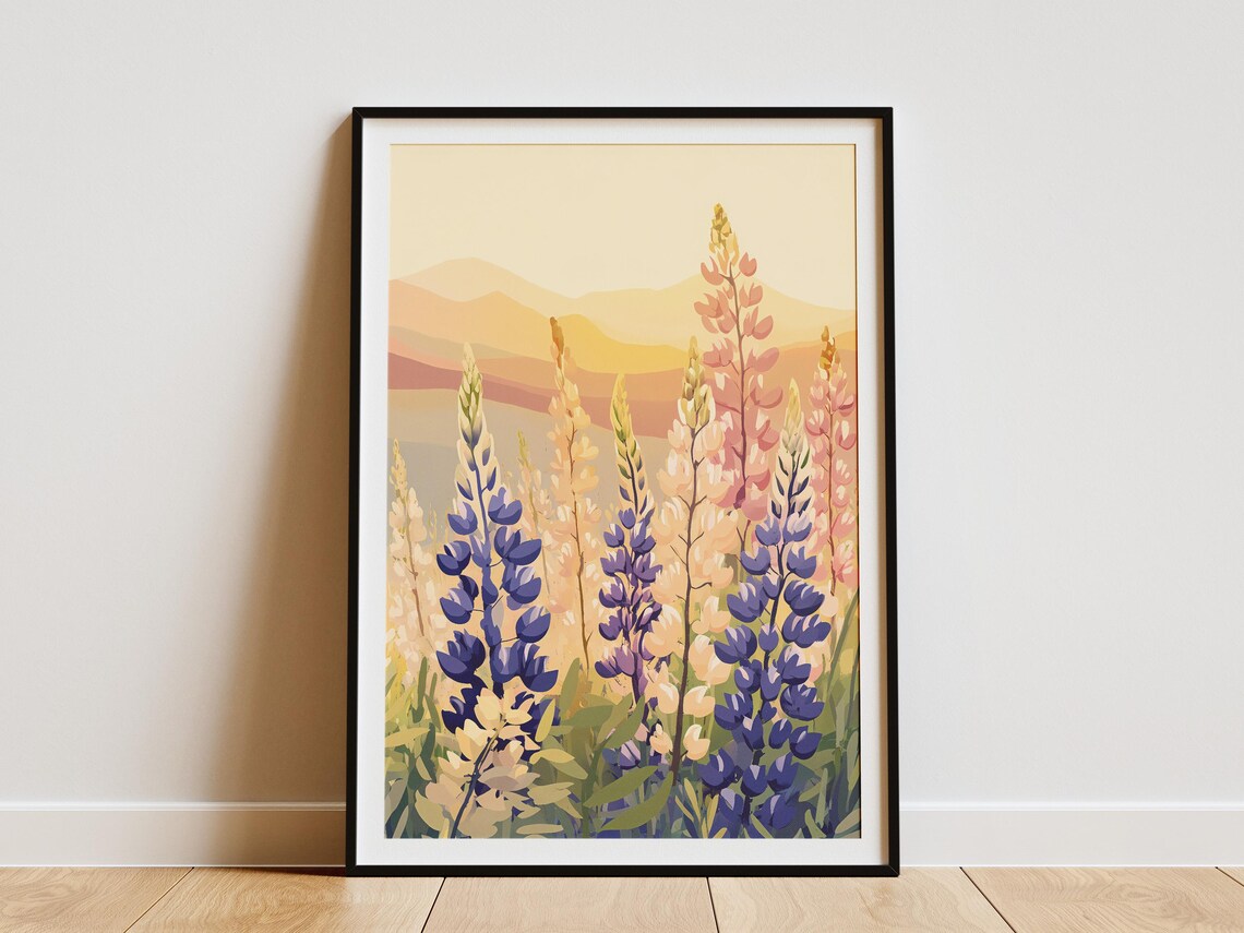 Lupine Meadow Sunrise Pink Purple Spikes Mountain Light Poster