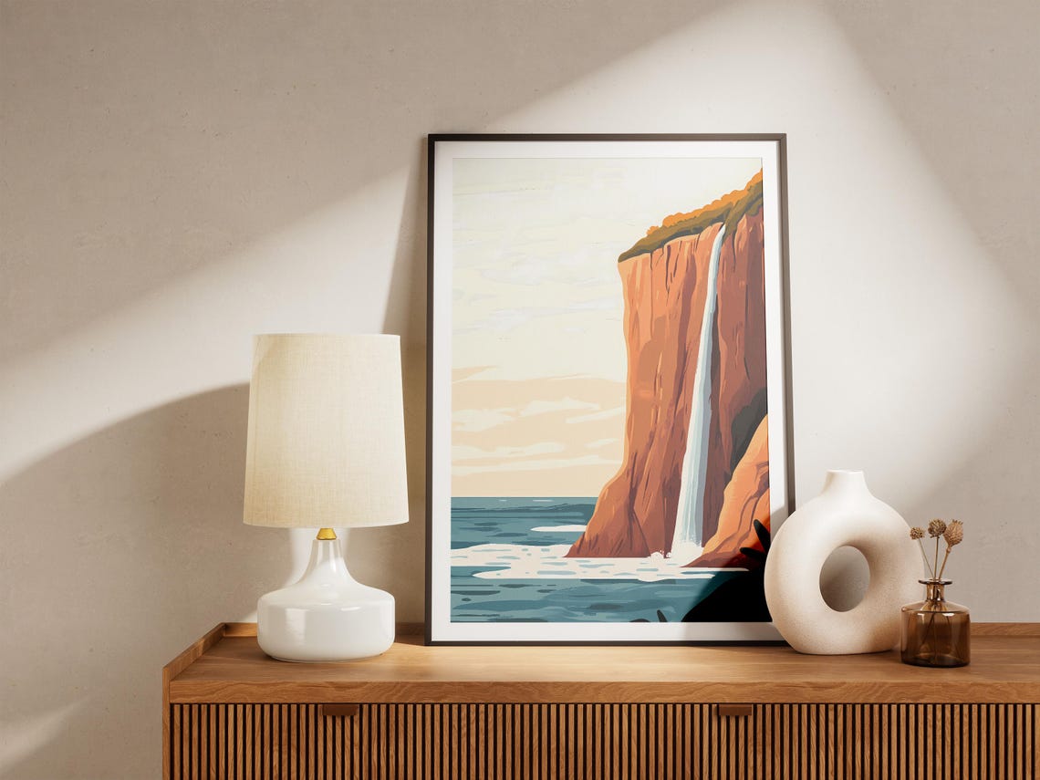 Ocean Cliff Waterfall Pouring Into Sea Coastal Landscape Poster - Image 4