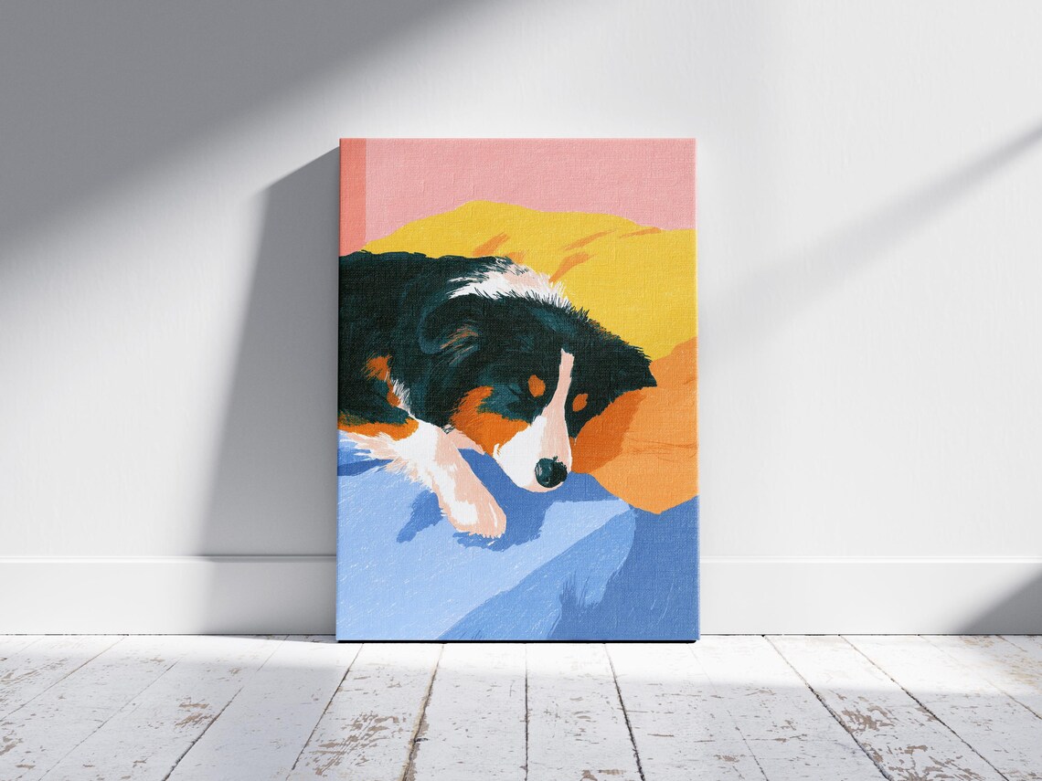 Australian Shepherd Sleeping on Colorful Bedding in a Cozy Dog Art Poster - Image 2